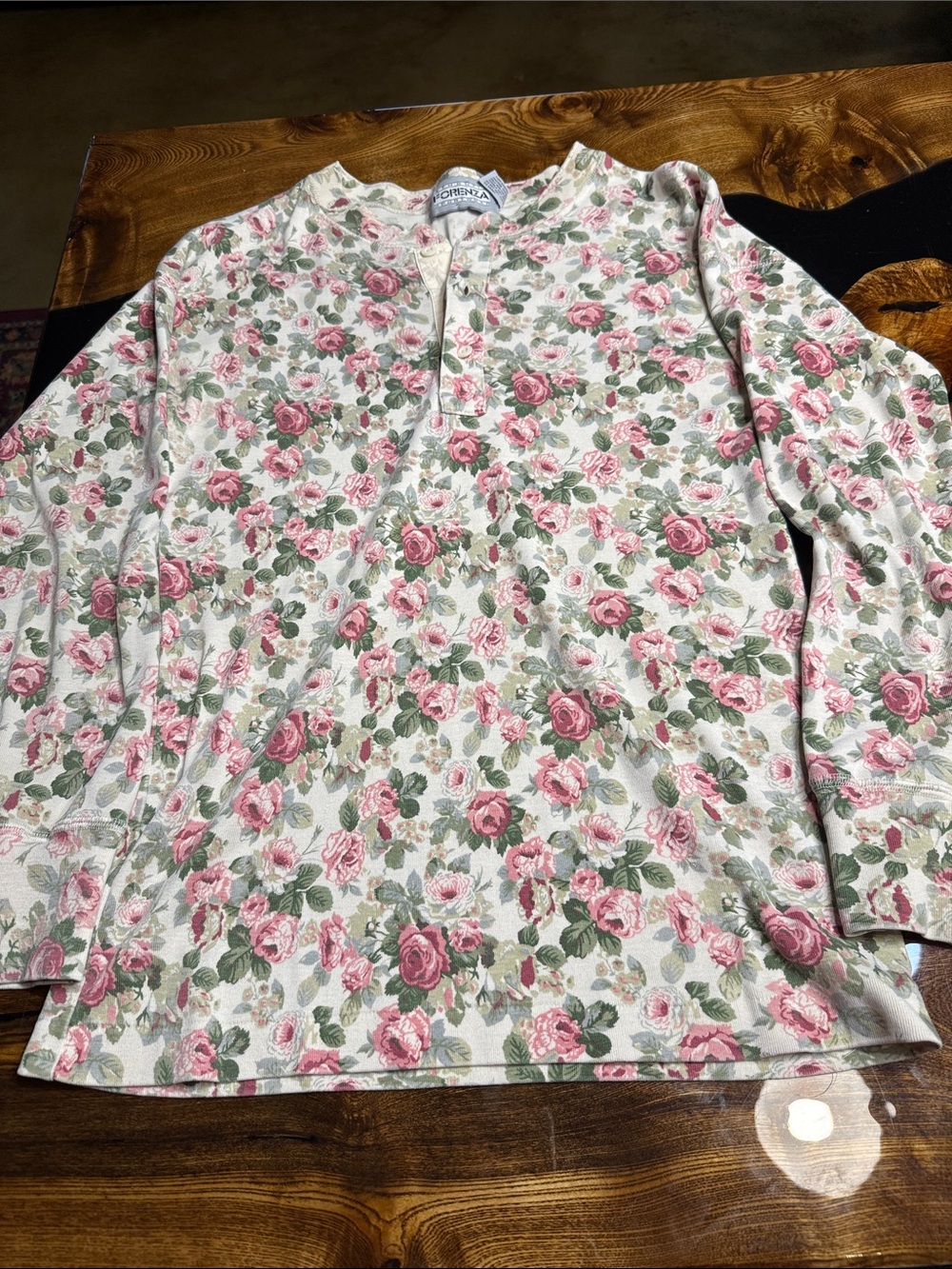 Forenza Floral Henley Long-Sleeve Top in Pink and Green